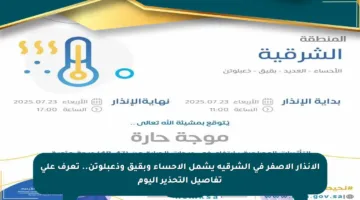 الإنذار الأصفر في الشرقية يشمل الأحساء وبقيق وذعبلوتن.. تعرف على تفاصيل التحذير اليوم